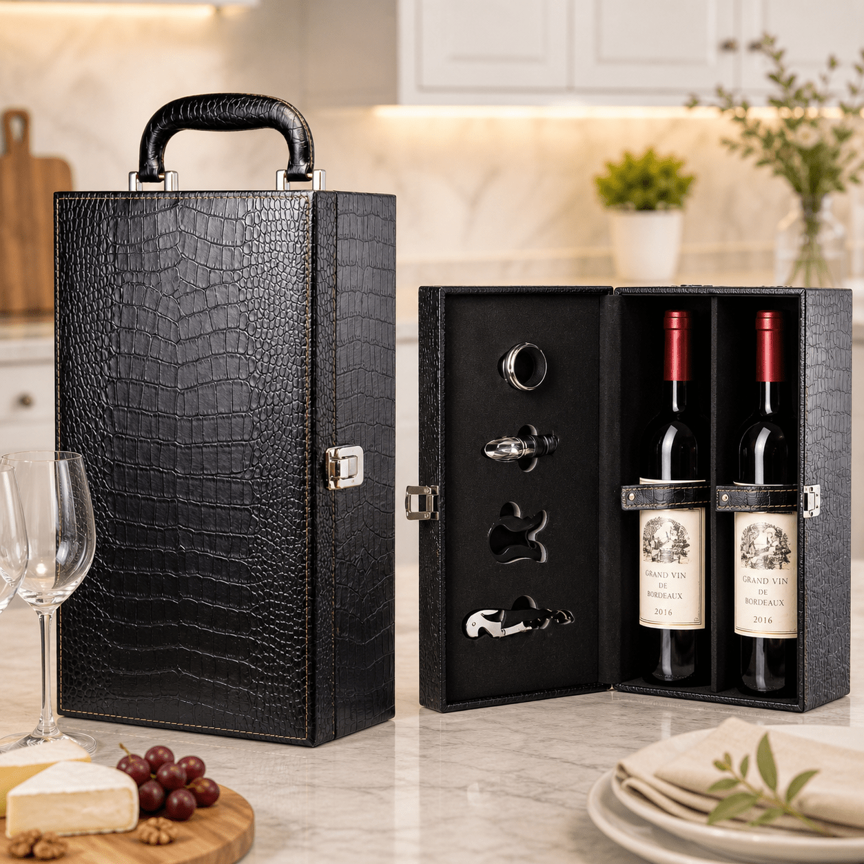 2 Bottle Premium Leather Wine Tote with 4 - piece Corkscrew Tool Set - True Wine Lover