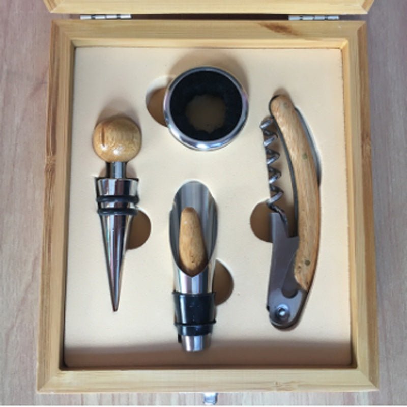 4 Piece Bamboo Wine Opener and Stopper Set - True Wine Lover