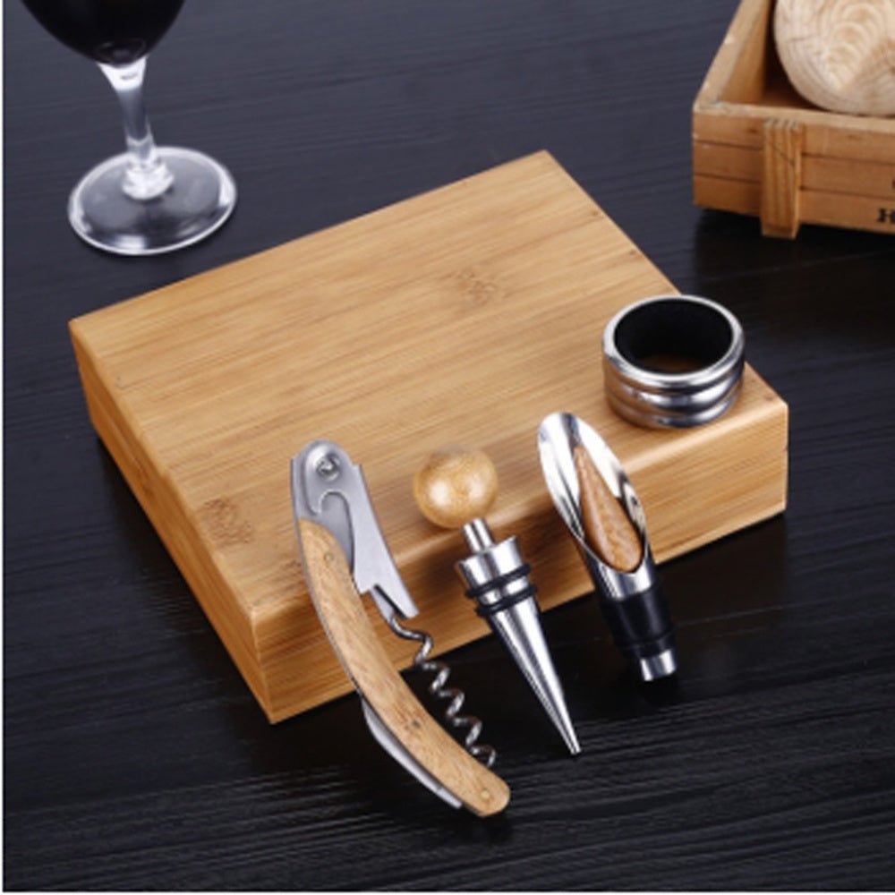 4 Piece Bamboo Wine Opener and Stopper Set - True Wine Lover