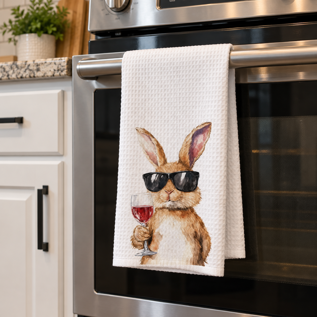 Bunny Wine Glass Printed Kitchen Towel