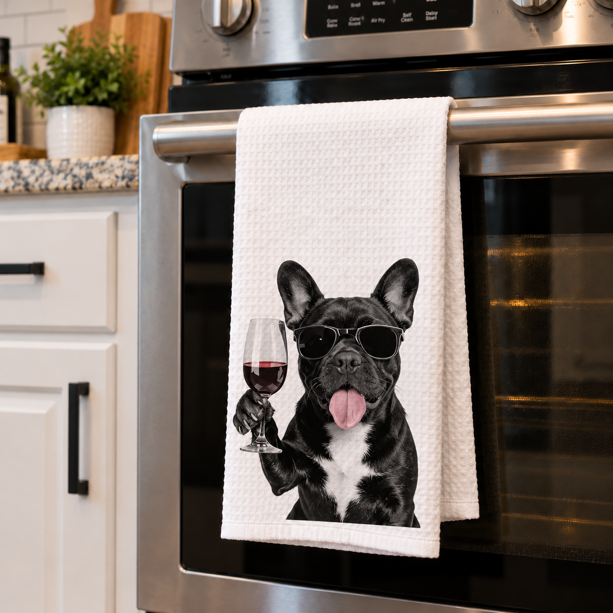 French Bulldog Wine Glass Printed Kitchen Towel