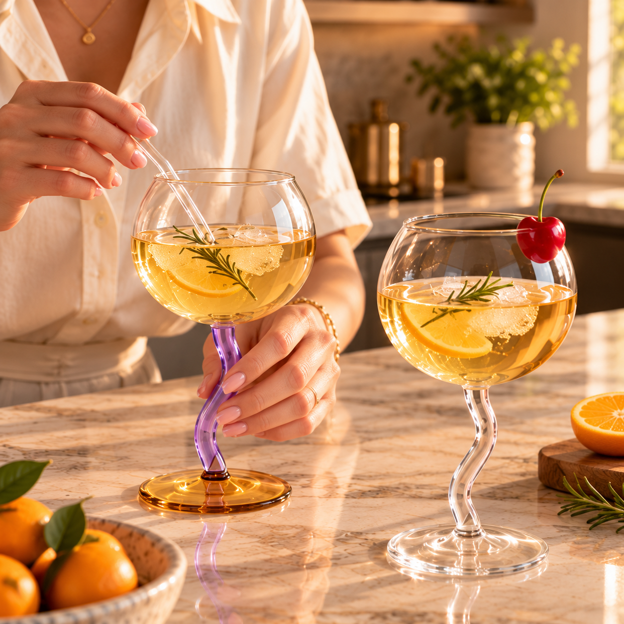 Two stemmed cocktail glasses with twisted purple and gold glass stems, filled with an orange-yellow cocktail and garnished with lemon slices, rosemary, and a cherry, set on a marble countertop in a warm kitchen scene.