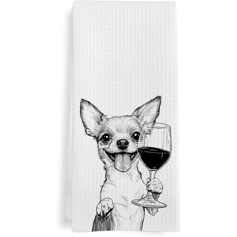 Chihuahua Dog Wine Glass Printed Kitchen Towel