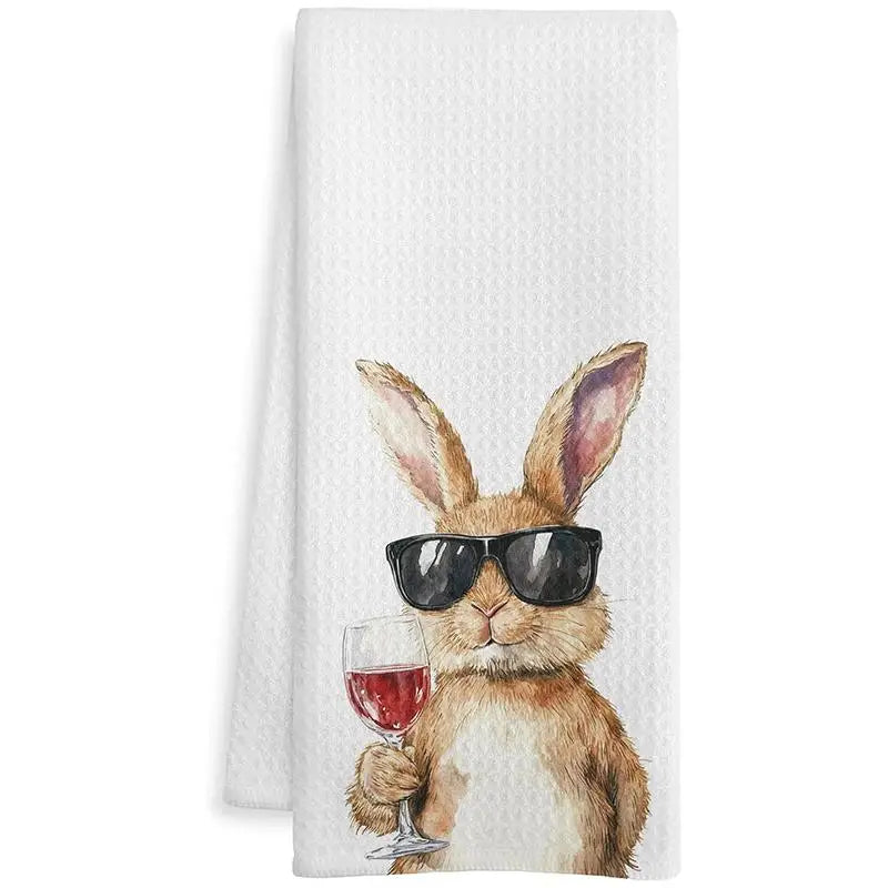 Bunny Wine Glass Printed Kitchen Towel
