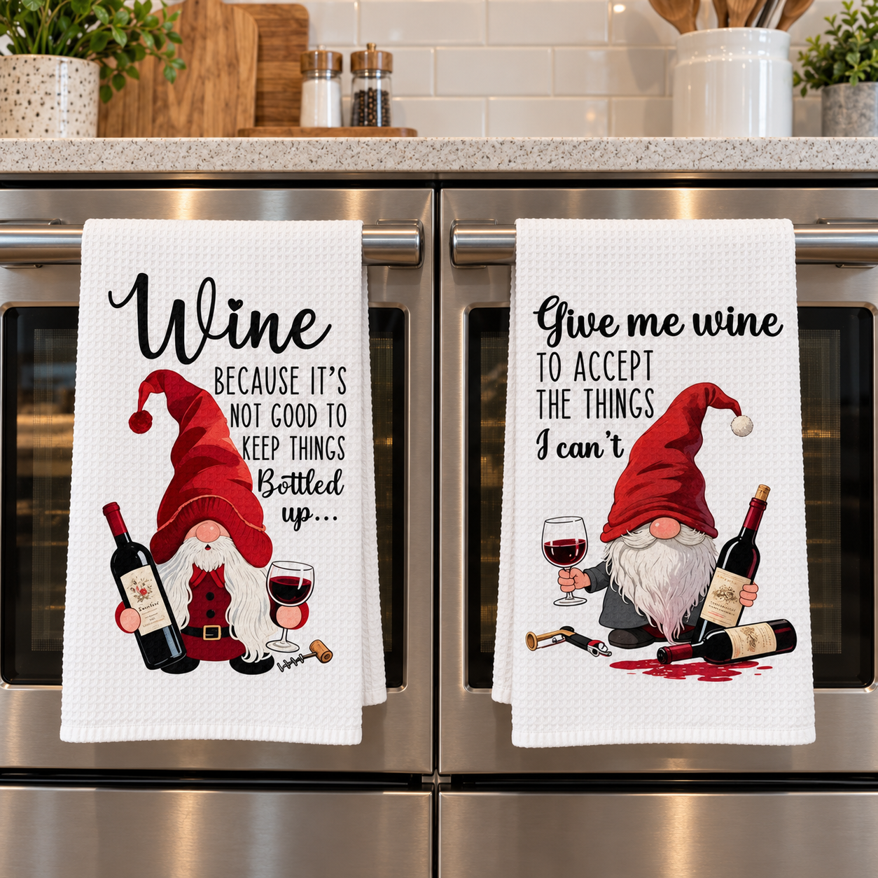 Christmas-themed Red Wine Print Kitchen Towels 2 Piece