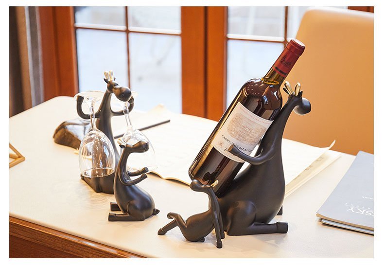 Artisan Deer Wine Bottle & Glass Holder – Detailed Resin Tabletop Decor - True Wine Lover