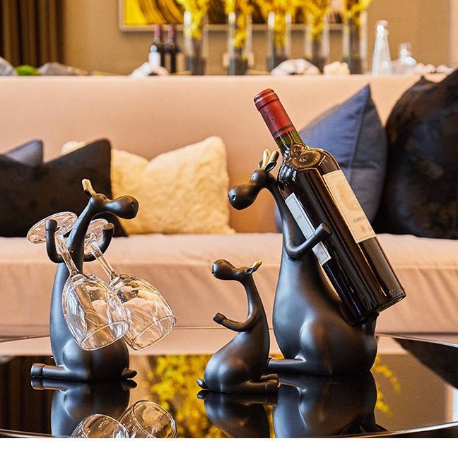 Artisan Deer Wine Bottle & Glass Holder – Detailed Resin Tabletop Decor - True Wine Lover