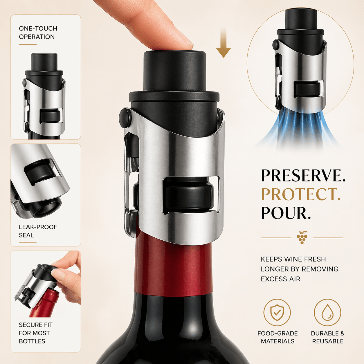 Champagne Stopper with Built - In Pressure Pump: 2 - Pack - True Wine Lover