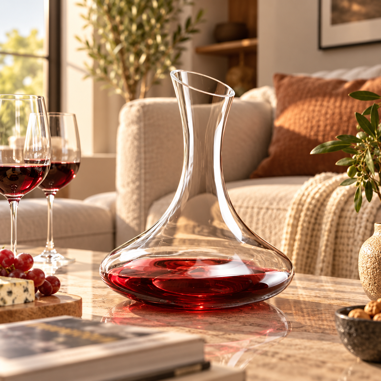 A clear glass wine decanter filled with red wine sits on a wooden table in a cozy living room setting, with two wine glasses, grapes, and a sofa in the background.