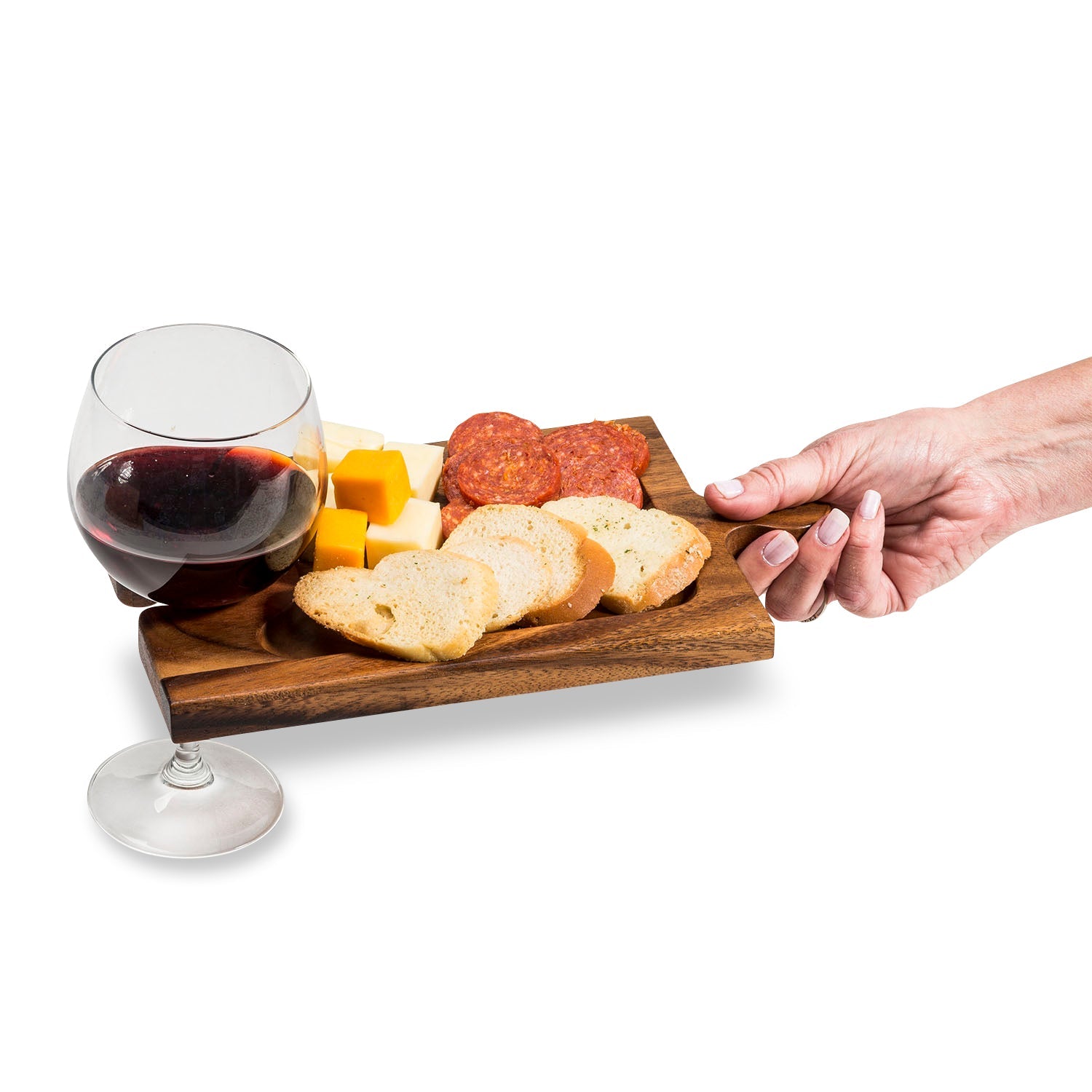Interlocking Acacia Charcuterie Board – Personal Wine Glass & Appetizer Plate - True Wine Lover
