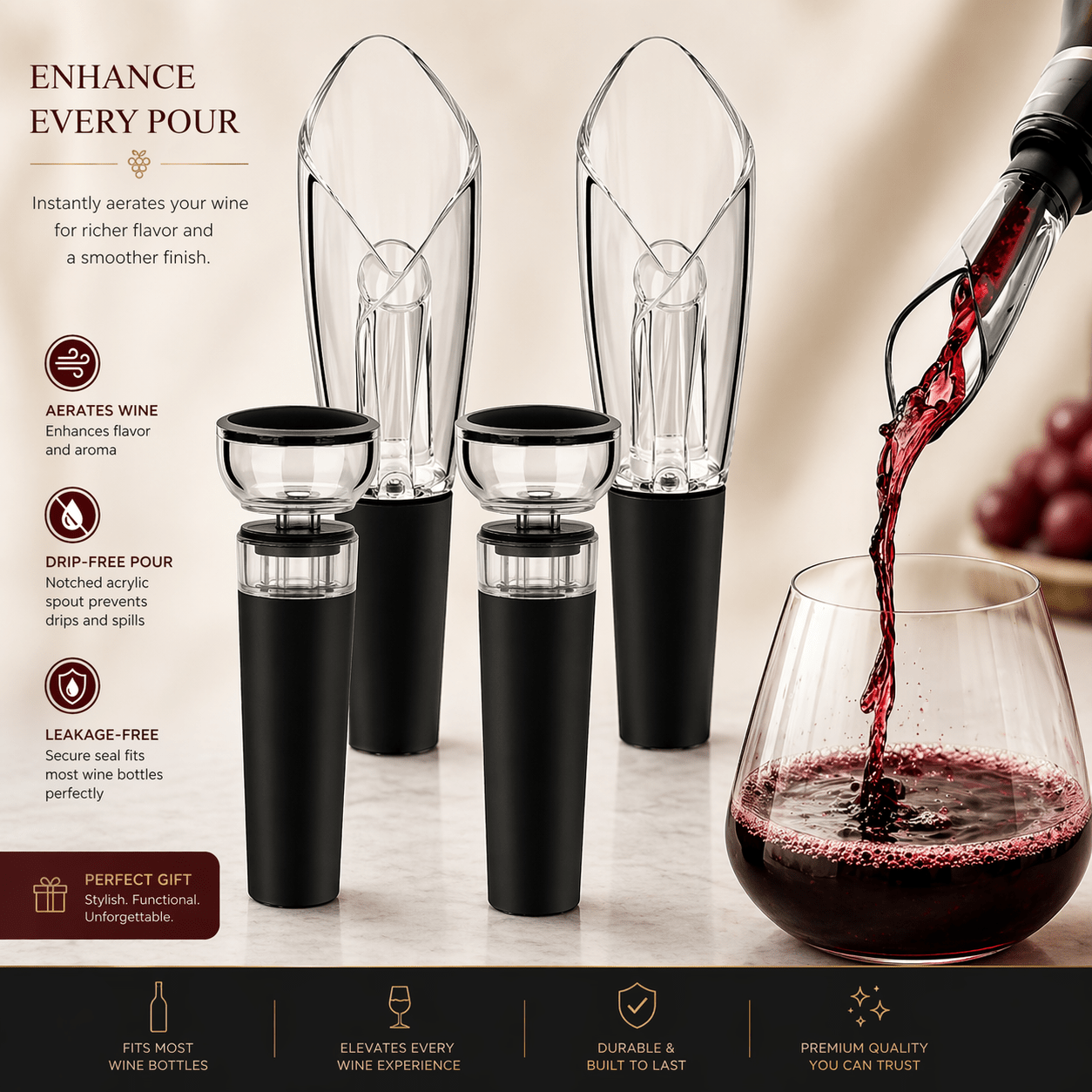 Red Wine Aerator Pourer with Built - In Filter and Wine Vacuum Pump Stoppers Set - True Wine Lover
