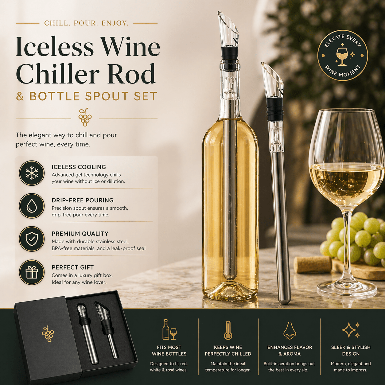 Stainless Steel Wine Chiller Stick with Aerator and Pourer - True Wine Lover